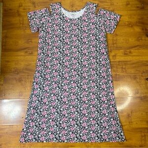 EASY ESSENTIALS Cold Shoulder Floral Print Black Pink White Side Slit Dress 2X